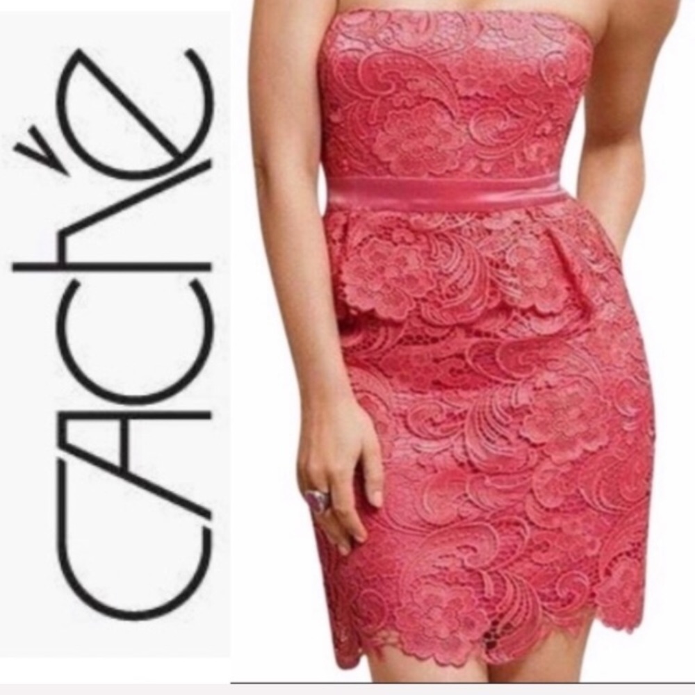 NWT CACHE DRESS CORAL Coral Peplum Lace Strapless